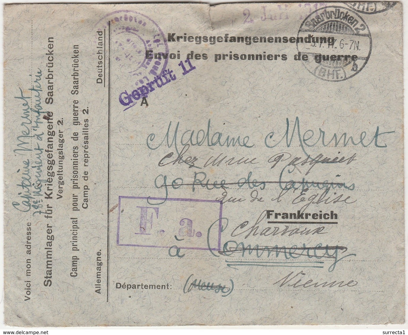 Enveloppe Cachet 1917 Saarbrüchen Allemagne / Censure / PG Camp Prisonniers Guerre / à Charroux 86 Vienne - 1914-18