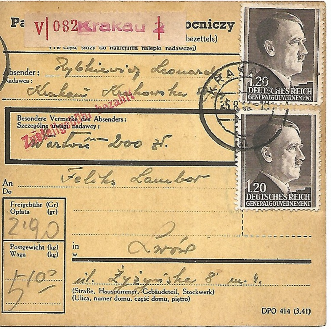 POLOGNE Paketkarte Krakau > Lemberg  1943 > à Voir! - Generalregierung