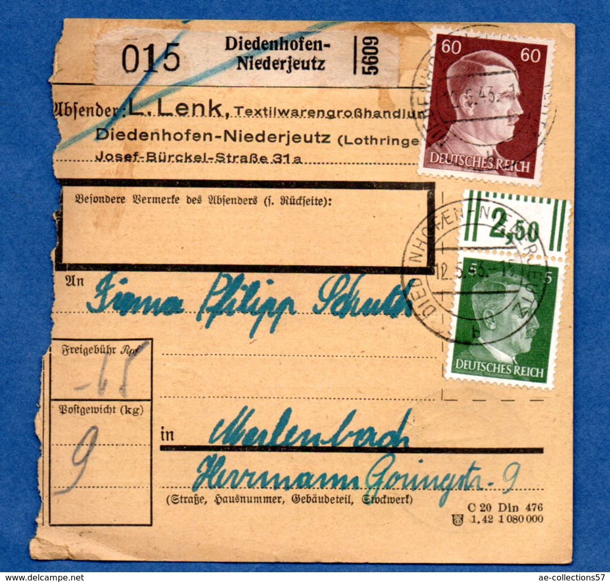 Colis Postal -  Départ Diedenhofen-Niederjeutz ( Thionville ) -  12/5/1943 - Lettres & Documents