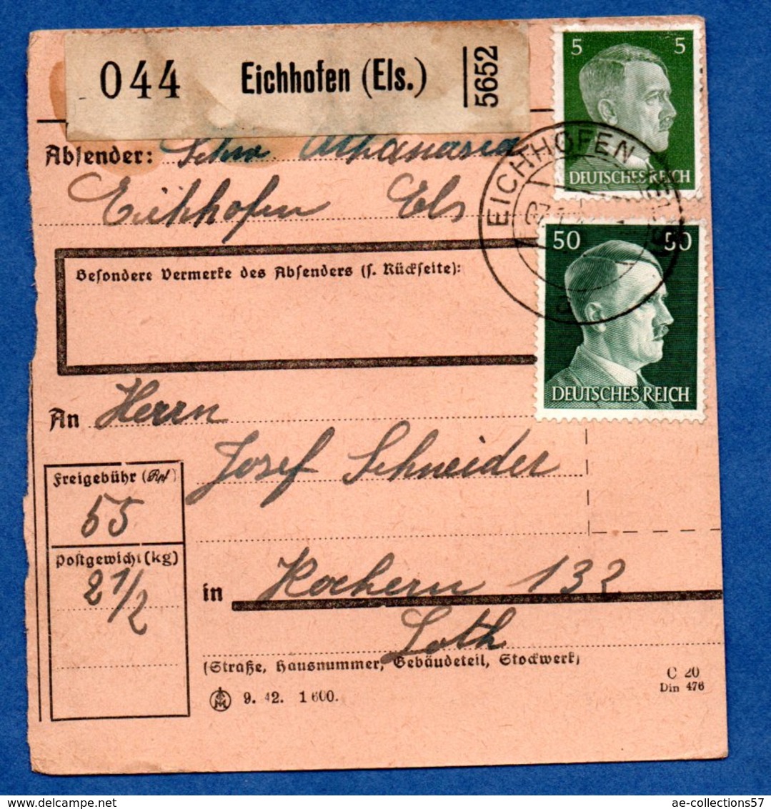 Colis Postal -  Départ Eichhofen  --pour Cocheren    7/1/1943 - Lettres & Documents