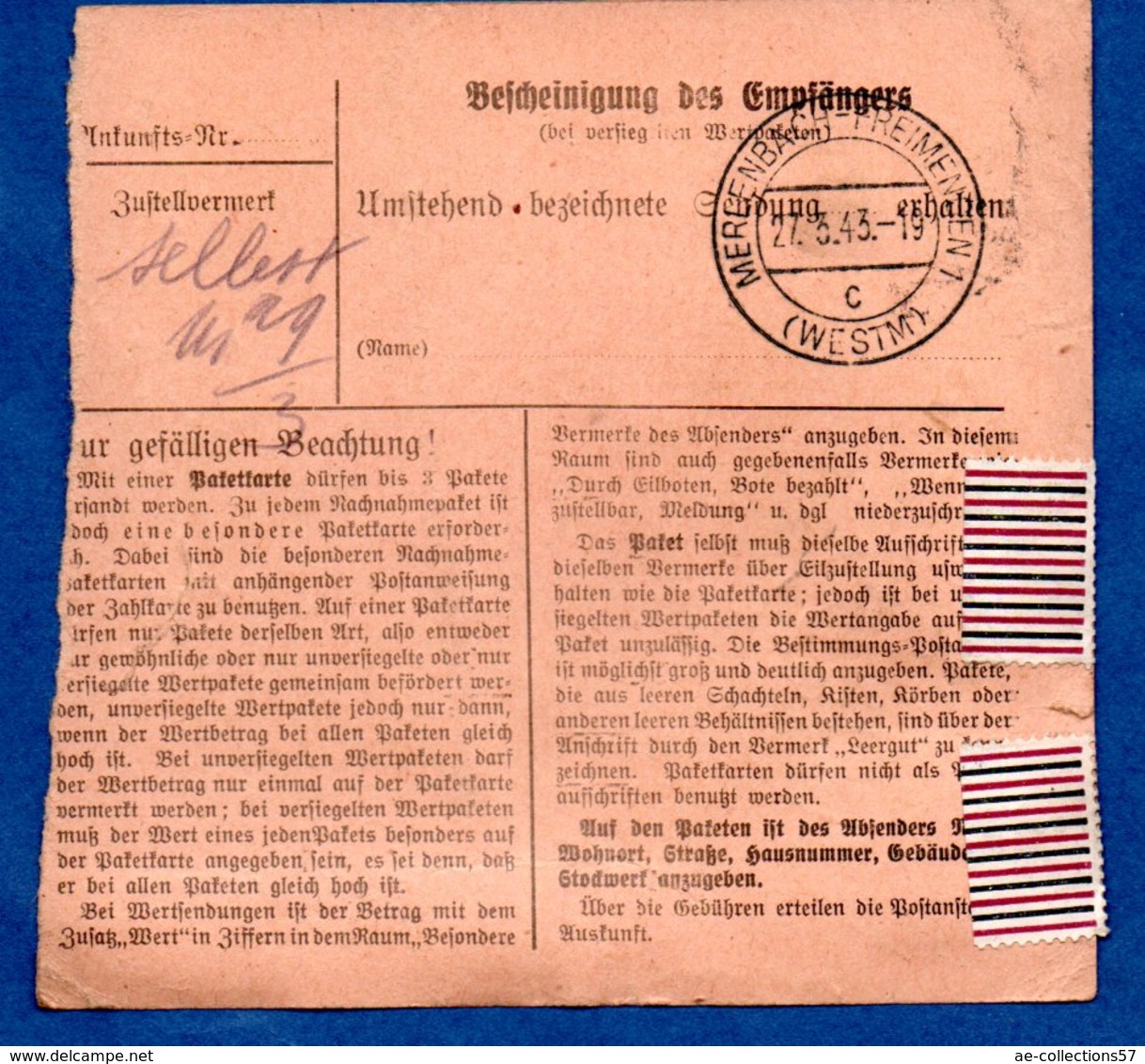 Colis Postal -  Départ Saarbrücken 1  -- 26/3/1943 - Brieven En Documenten