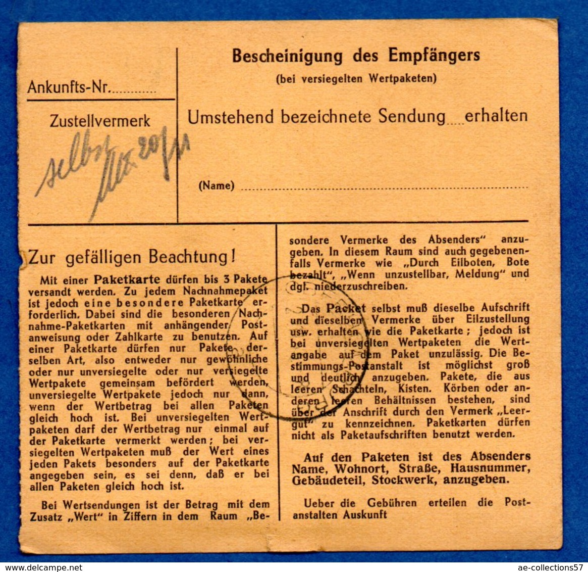 Colis Postal -  Départ Saarbrücken 2  -   Pour Genweiller -  18/11/1943 - Lettres & Documents