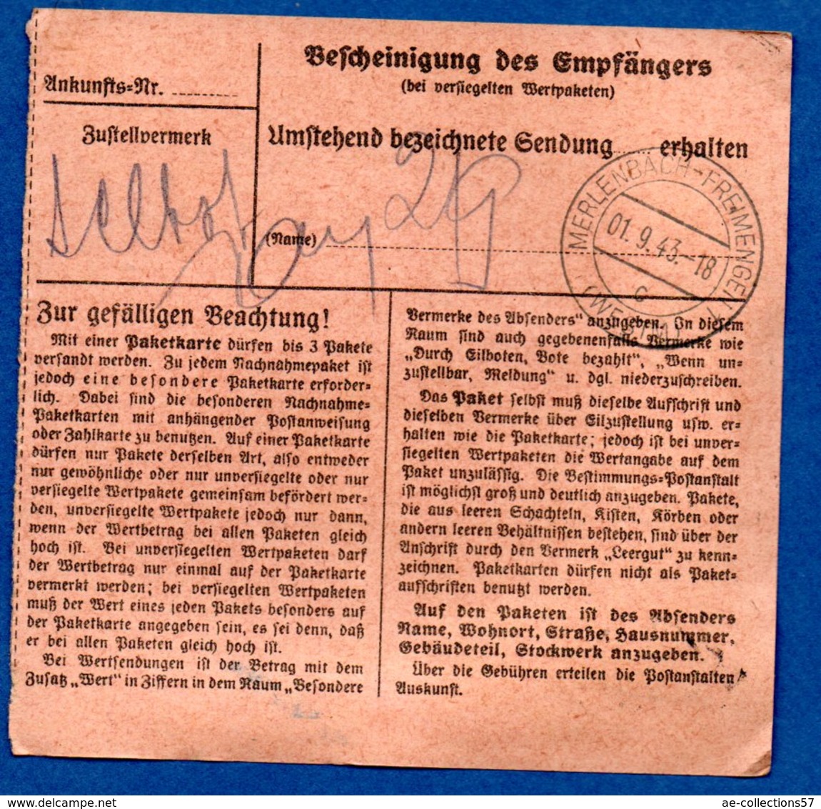 Colis Postal -  Départ Saarbrücken 1  -    31/8/1943 - Lettres & Documents