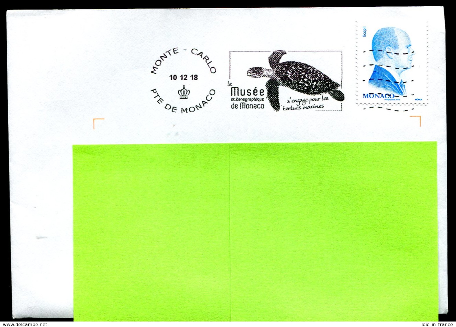 Tortue Marine Sea Turtle Musée Océanographique 2018 Flamme Sur Lettre Postmark On Cover Monaco - Tortues