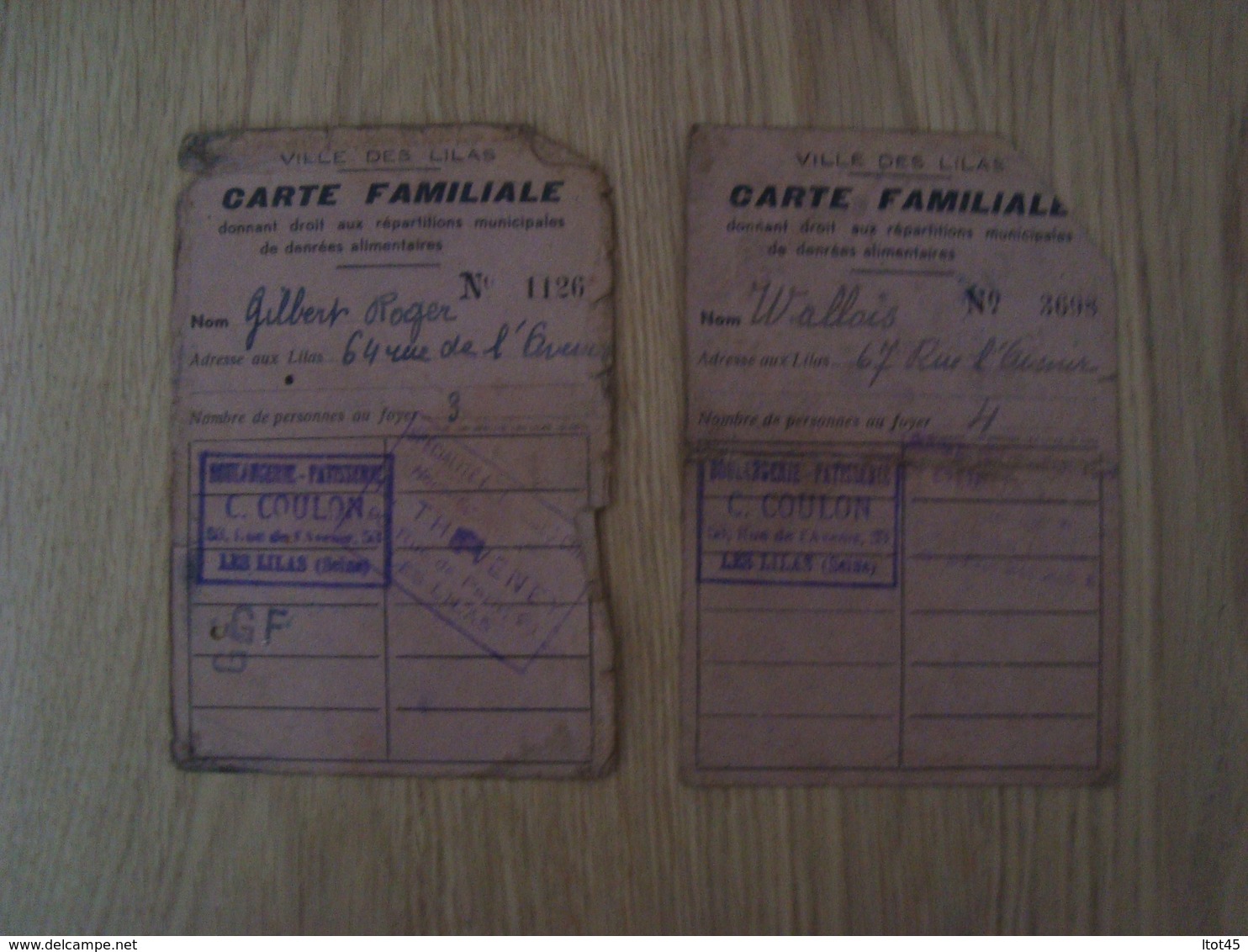 LOT DE 2 CARTES DE RATIONNEMENT VILLE DES LILAS - Documents Historiques