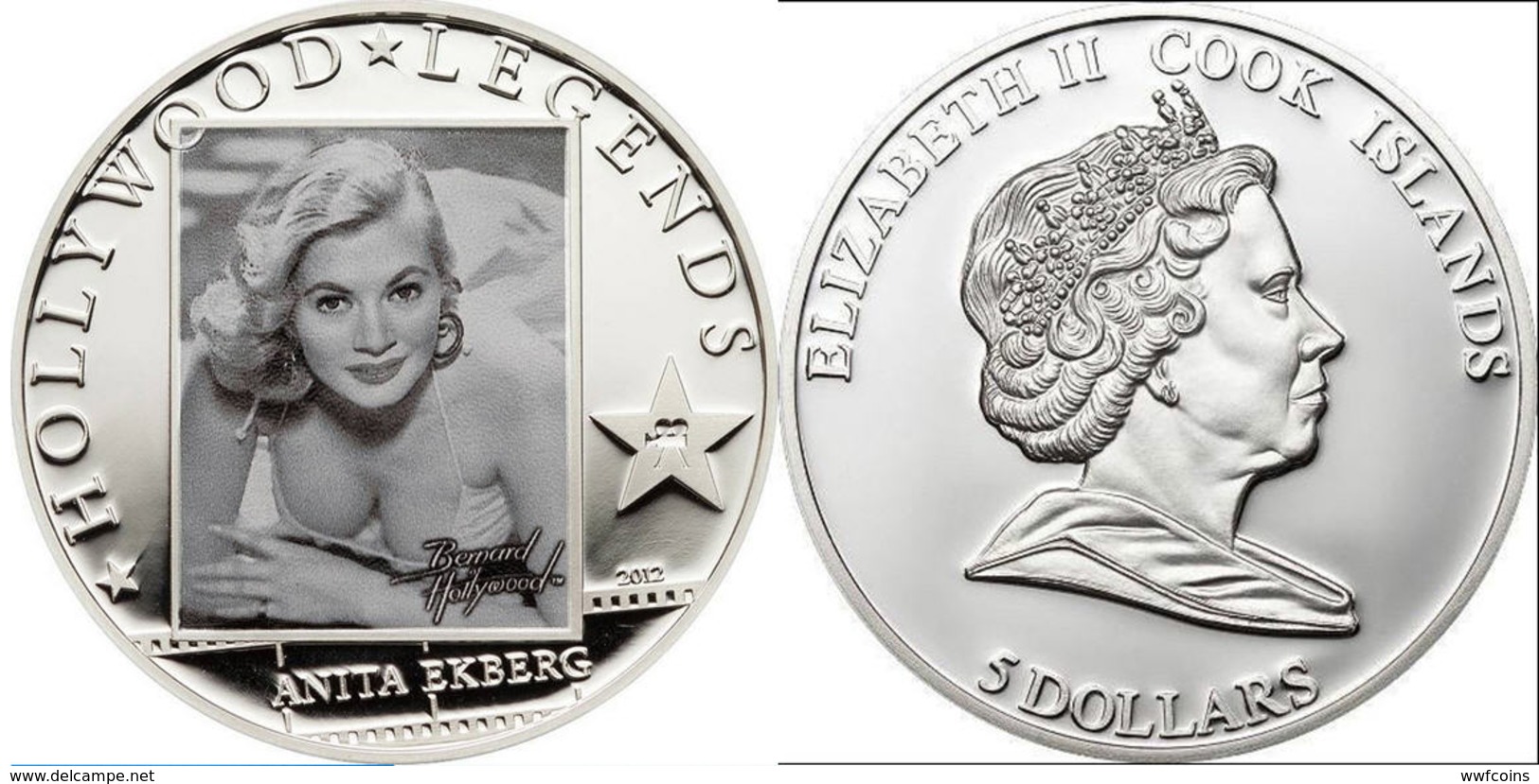 COOK ISLANDS 5 $ 2012 PROOF SILVER MOVIE HOLLYWOOD STAR ANITA EKBERG PESO 25g. TITOLO 0,925 CONSERVAZIONE FONDO SPECCHIO - Cookeilanden