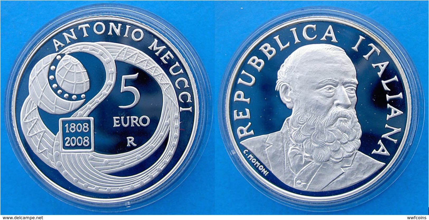 ITALIA 5 E 2008 SILVER EURO PROOF ANTONIO MEUCCI INVENTOR DISCOVERY WEIGHT 18g TITOLO 0,925 CONSERVAZIONE FDC UNC. - Italia