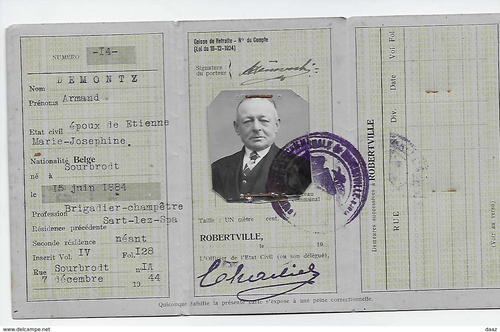 Carte D'identité Belgique Robertville (Sourbrodt Sart -lez- Spa) 1945 - Non Classés