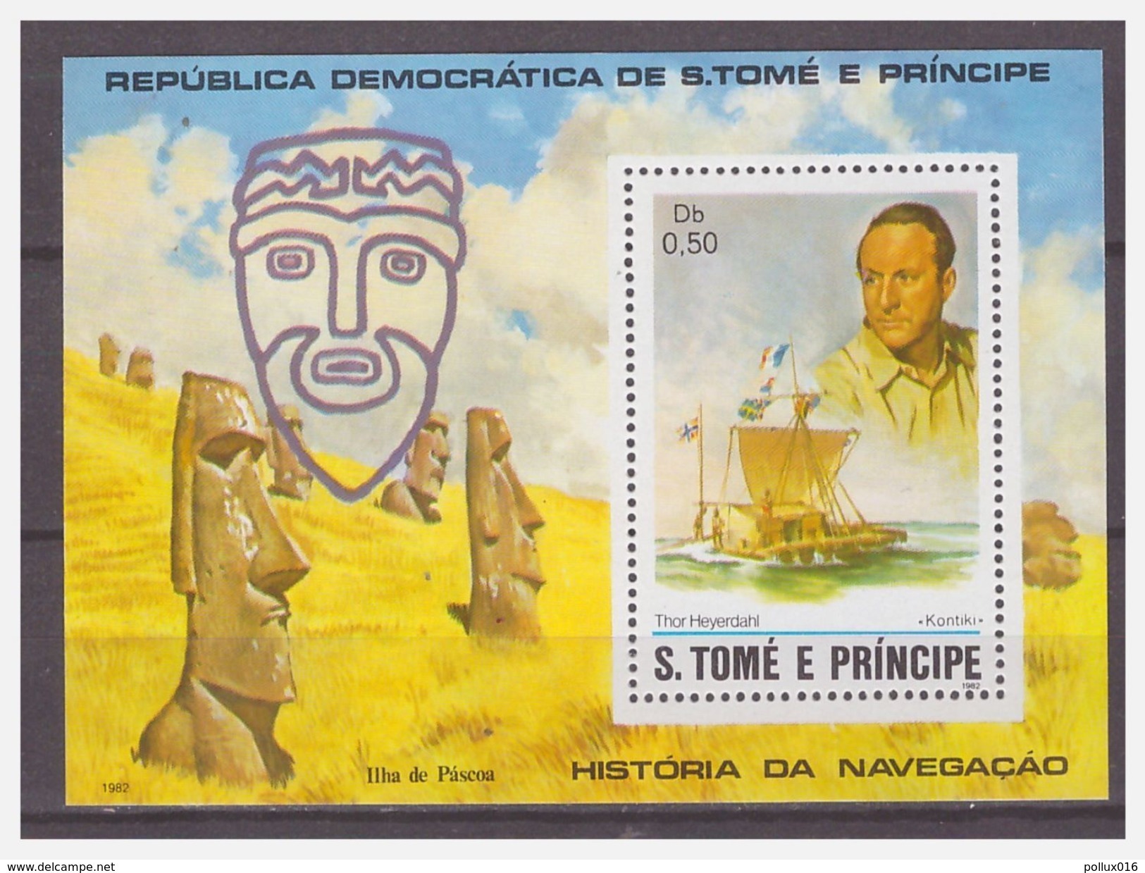 0435 Sao Tome 1982 Sailingboat Thor Heyeredahl Kontiki Statue Eastern Island S/S MNH - Sonstige & Ohne Zuordnung