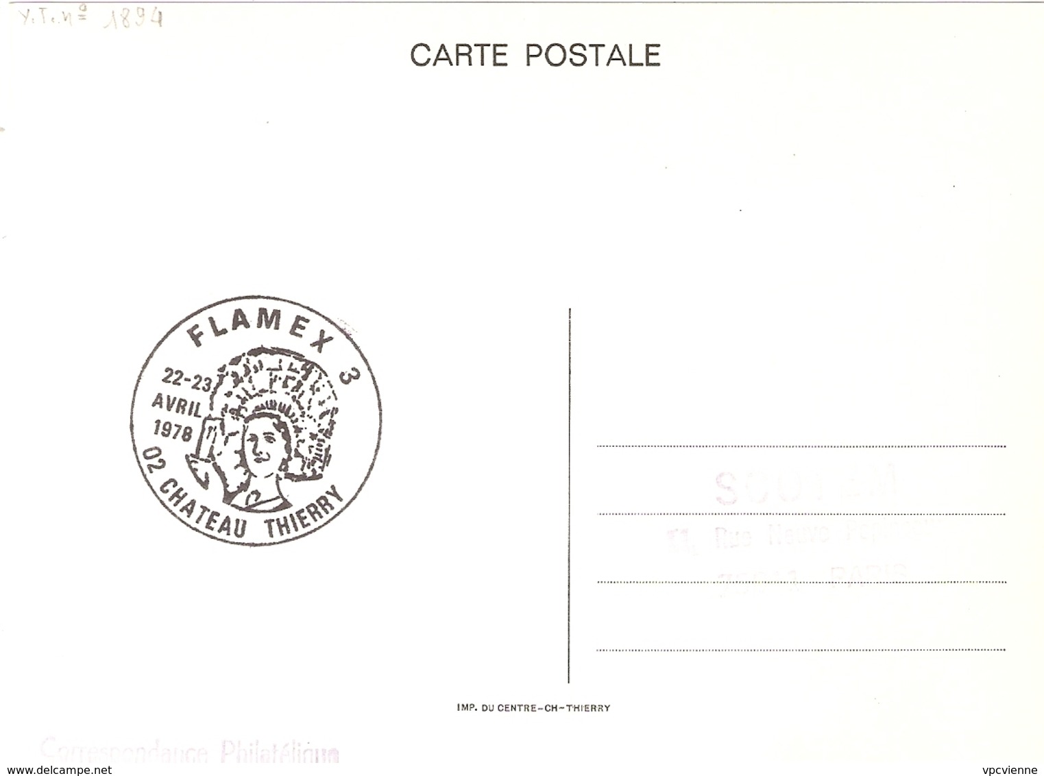 CARTE ILLUSTREE ( RABIER ) FLAMEX 3 1978 CHATEAU THIERRY FLAMME PARIS 01 Timbre N° 1894 Recto/verso - Oblitérations Mécaniques (flammes)