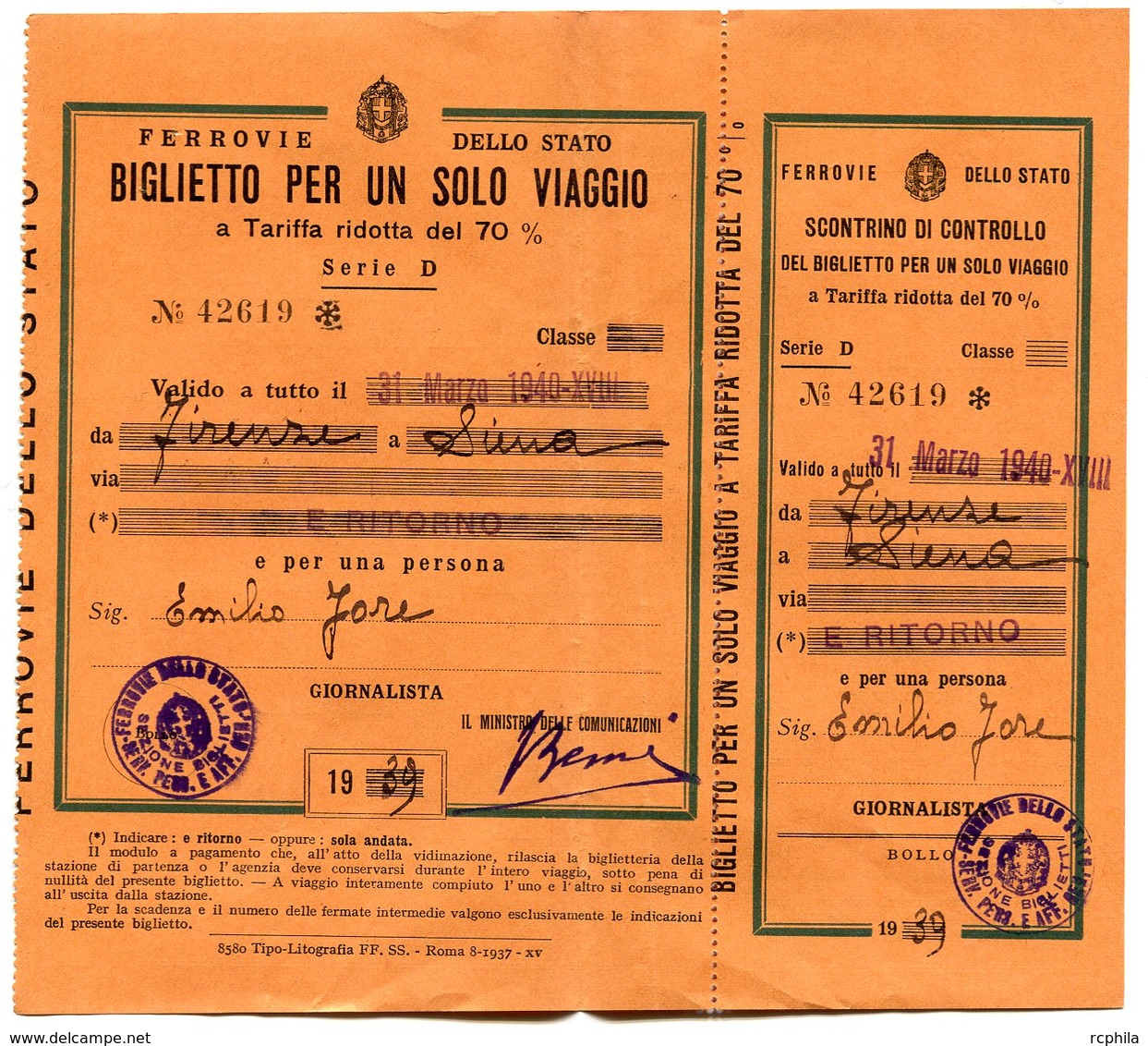 RC 10978 ITALIE 1939 / 1940 BILLET DE TRAIN FIRENZE SIENNA ITALY ITALIA TB - Europe