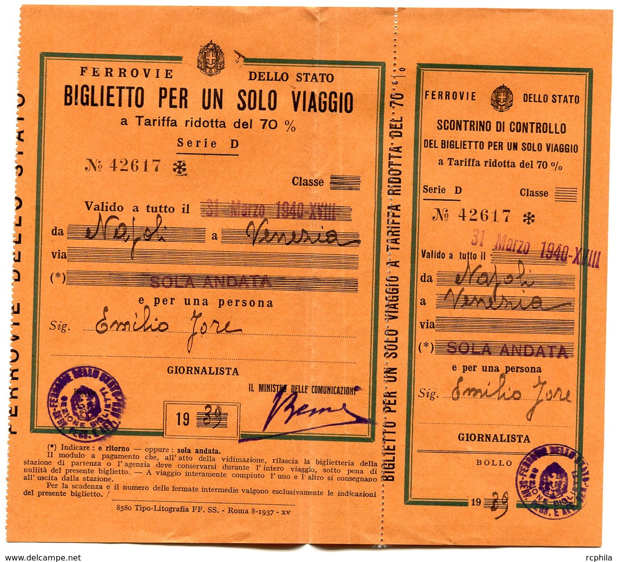 RC 10981 ITALIE 1939 / 1940 BILLET DE TRAIN NAPOLI - VENEZIA ITALY ITALIA TB - Europe