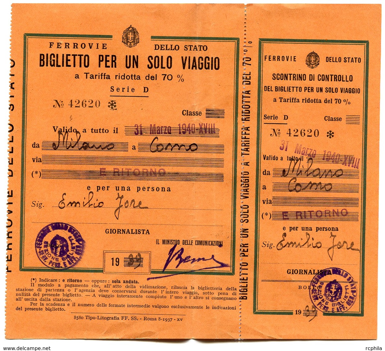 RC 10982 ITALIE 1939 / 1940 BILLET DE TRAIN MILANO - COMO ITALY ITALIA TB - Europe