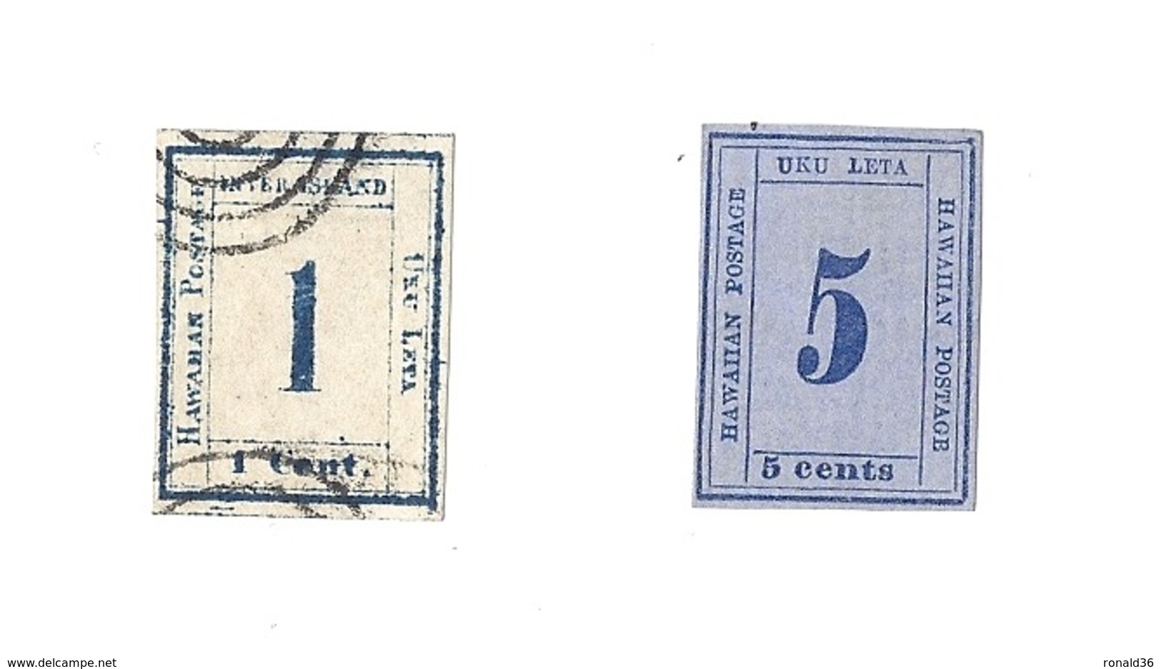 2 TIMBRES POSTES HAWAI Hawaii ETATS UNIS Timbre Poste USA HAWAHAN POSTAGE UKU LETA UNTER ISLAND 1c Cent Et 5c Cents Bleu - Hawaï