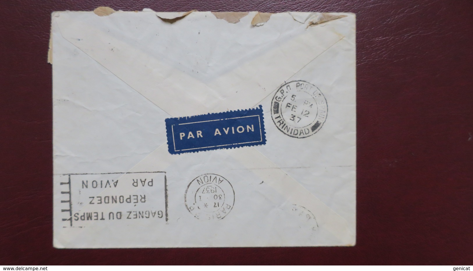 Lettre De Paris Pour Trinidad Janvier 1937 Affranchi Type Paix Et St Trophime Tarif 6,50 Fr Via New York Par Avion - 1921-1960: Période Moderne