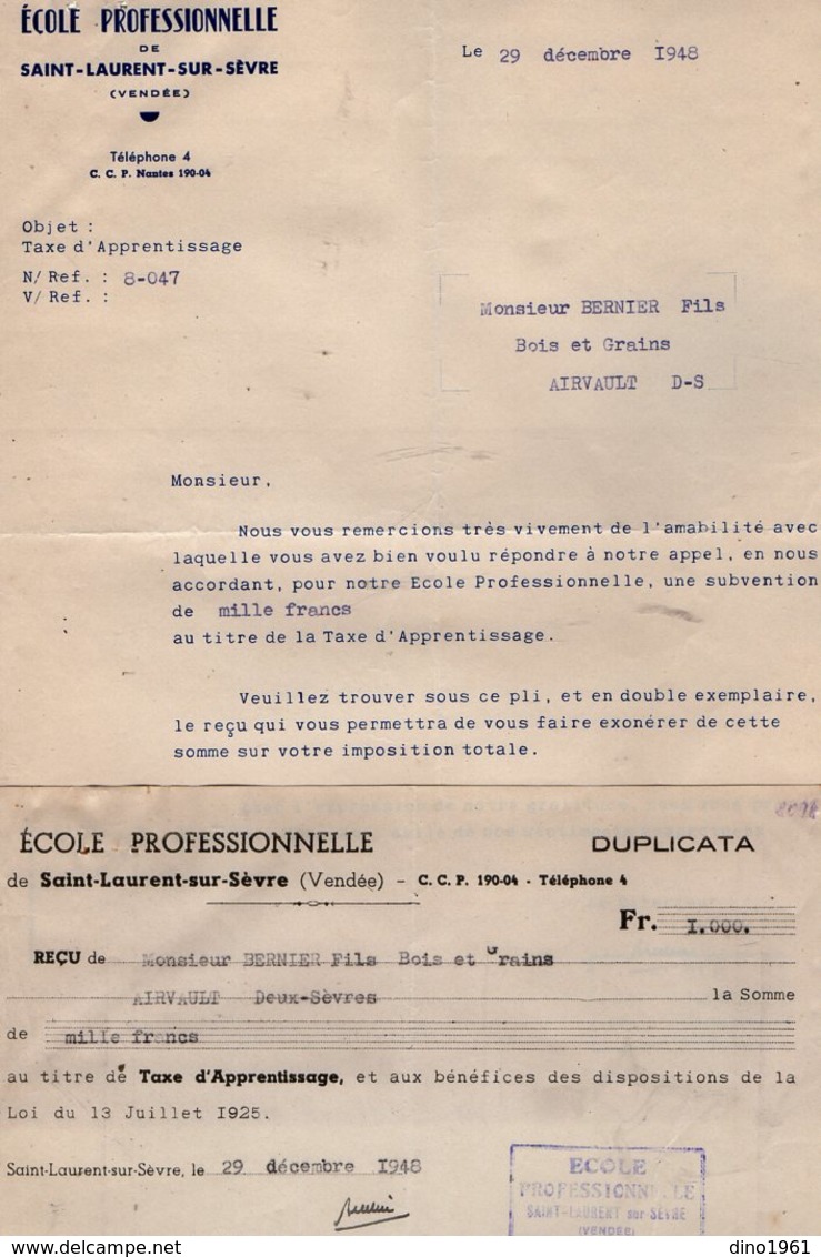 VP13.973 - Lettre & Reçu - Ecole Professionnelle De SAINT - LAURENT - SUR - SEVRE ( Vendé ) - Collections
