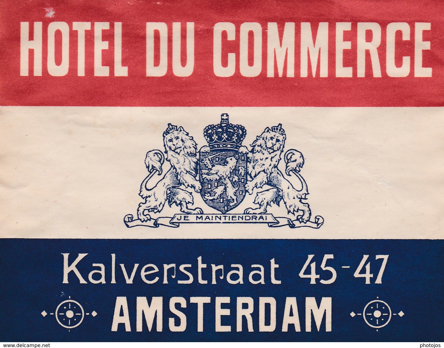 Etiquette De Bagage Valise  Hotel Du Commerce  Amsterdam  (Pays Bas)  Bon état - Advertising