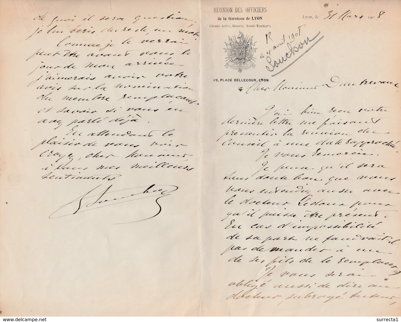 Courrier 1908 / Entête Officiers Garnison Lyon / Signé Souchon - Autres & Non Classés