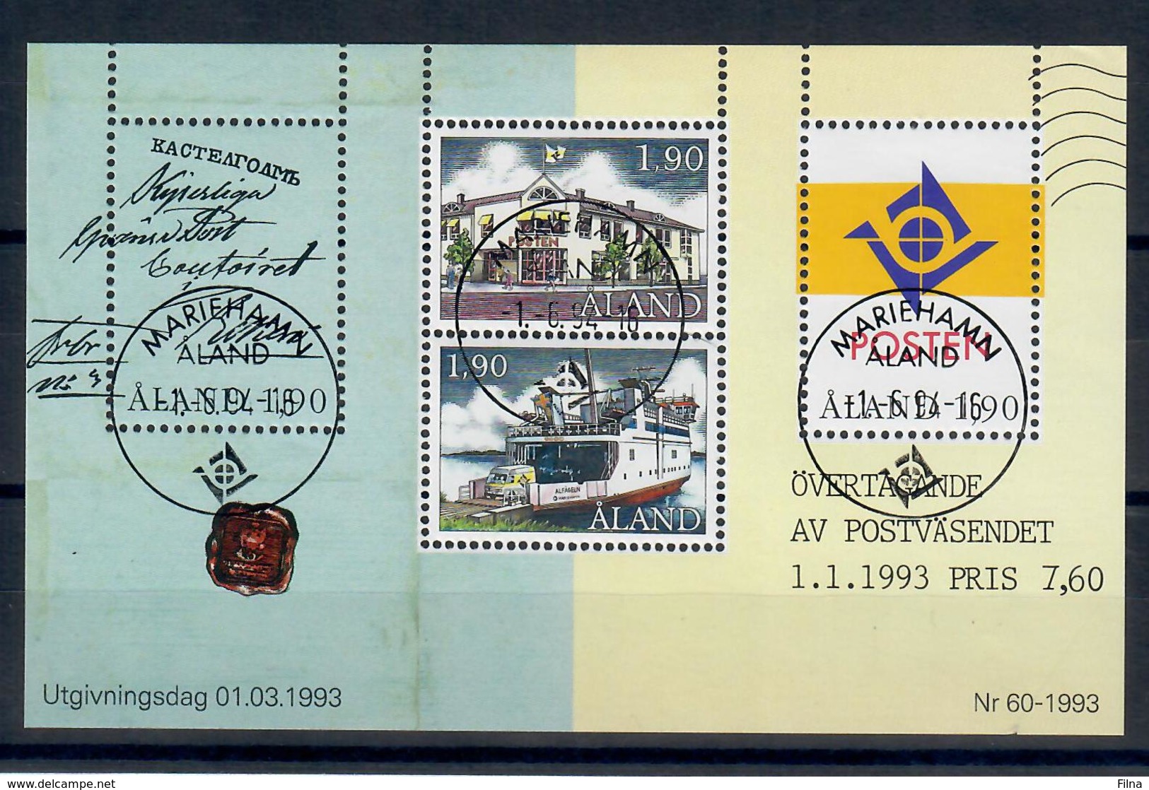 ALAND 1993 - INDIPENDENZA POSTALE DALLA FINLANDIA - FOGLIETTO - USATO - Aland