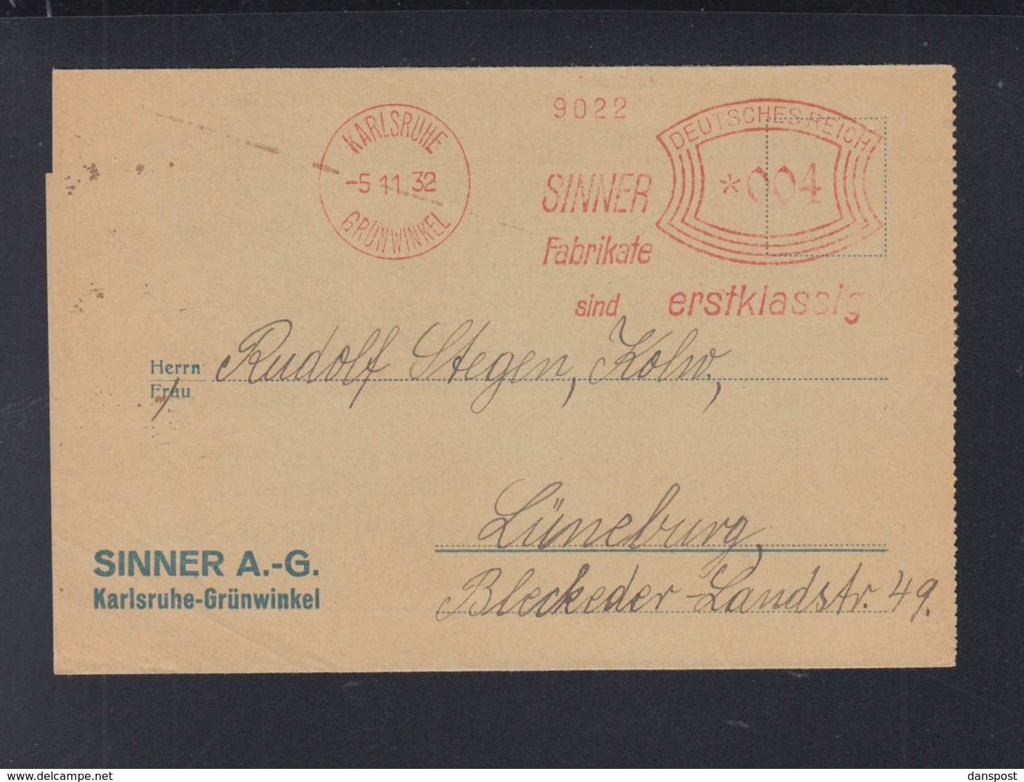 Dt. Reich Faltbrief Sinner AG Karlsruhe Grünwinkel 1932 Freistempel - Maschinenstempel (EMA)