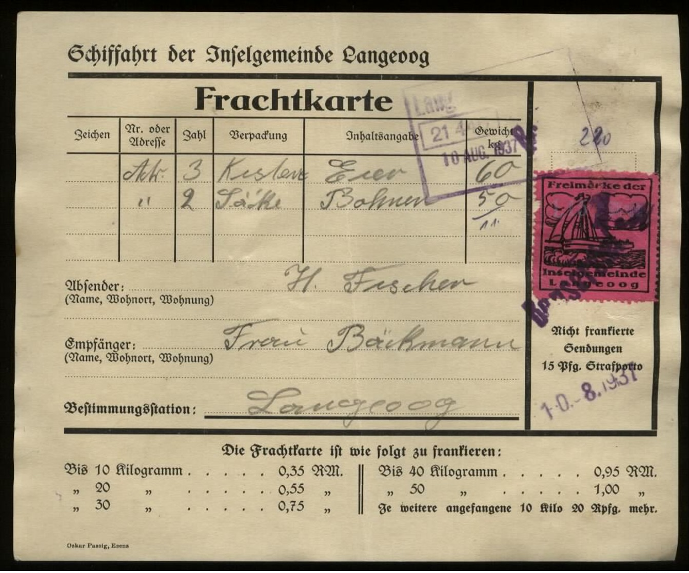 S7140 - Schiffahrt Langeoog Frachtkarte Mit Frachtmarke Inselgemeinde: Gebraucht Bensersiel - Langeoog 1937 , Bedarfse - Briefe U. Dokumente