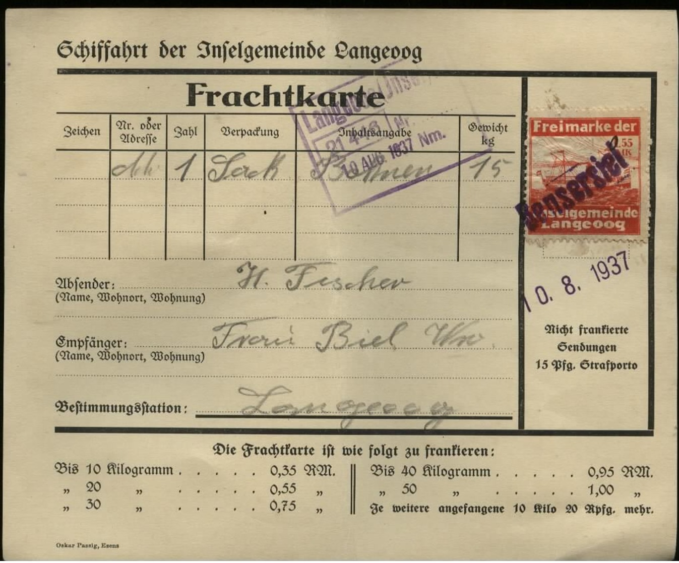 S7139 - Schiffahrt Langeoog Frachtkarte Mit Frachtmarke Inselgemeinde: Gebraucht Bensersiel - Langeoog 1937 , Bedarfse - Briefe U. Dokumente