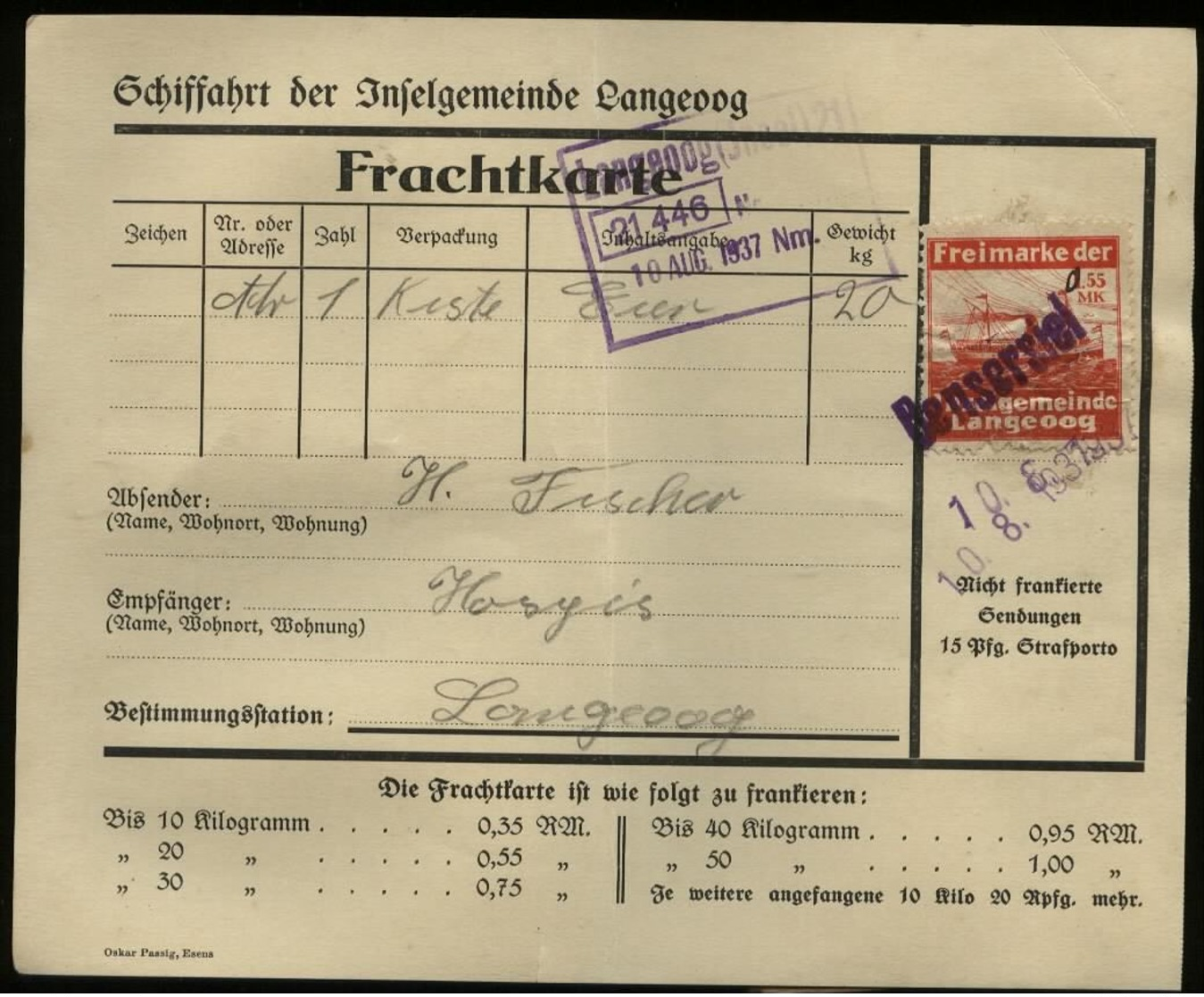 S7138 - Schiffahrt Langeoog Frachtkarte Mit Frachtmarke Inselgemeinde: Gebraucht Bensersiel - Langeoog 1937 , Bedarfse - Briefe U. Dokumente