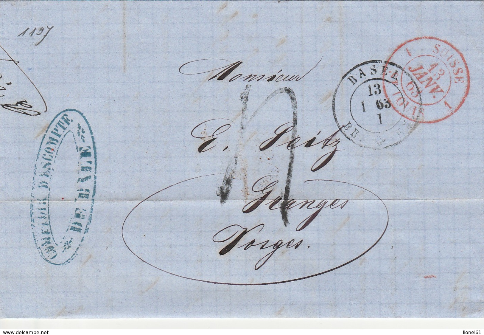 SUISSE  1 St LOUIS 1  En Rouge 13 Janvier 1863,  Entrée Par Courrier -convoyeurs-ambulants   Réf  1197 Noël - Marques D'entrées