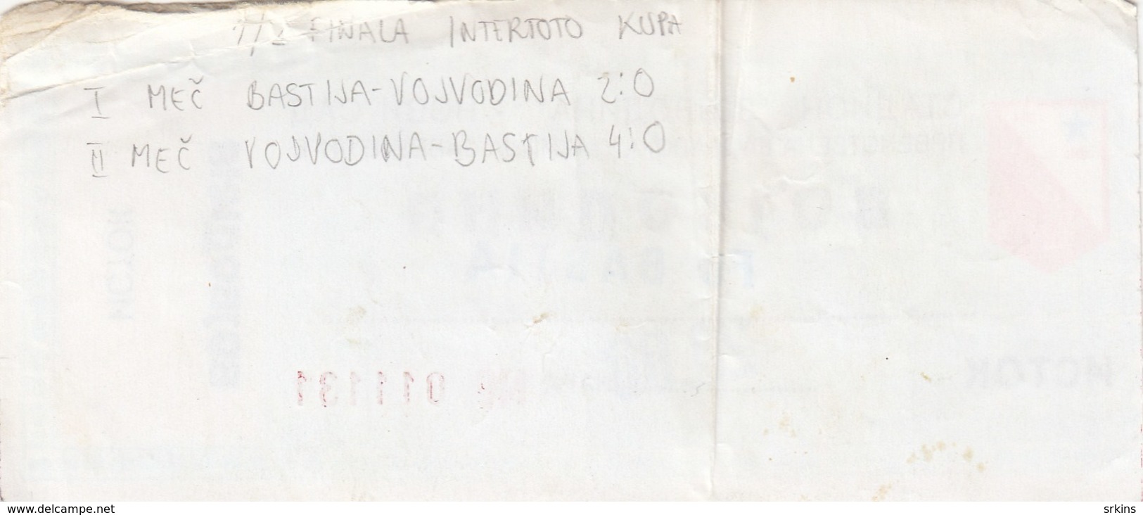 Ticket FC FK Vojvodina Novi Sad FC SC Bastia 1998. Fc Football Match Semi Finals UEFA Intertoto Cup - Tickets D'entrée