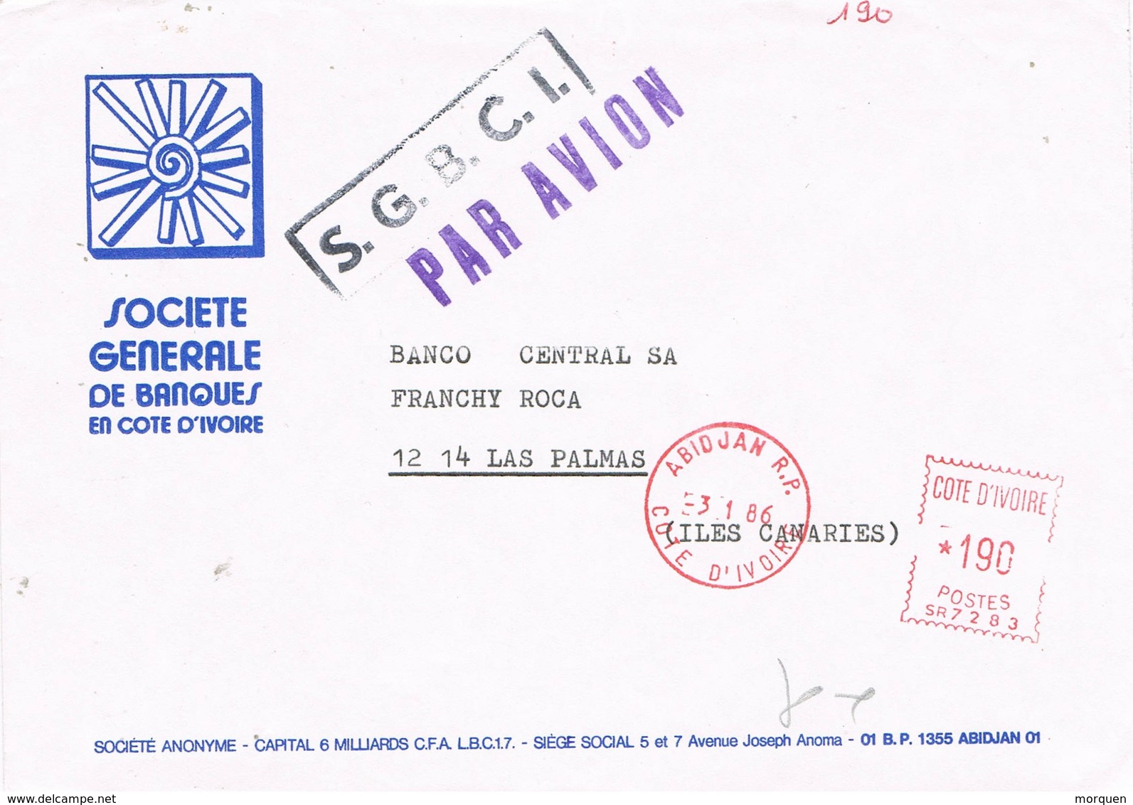 31037. Carta Aerea ABIDJAN (Costa Del Marfil) Cote D'Ivoire 1986. Franqueo Mecanico - Costa De Marfil (1960-...)