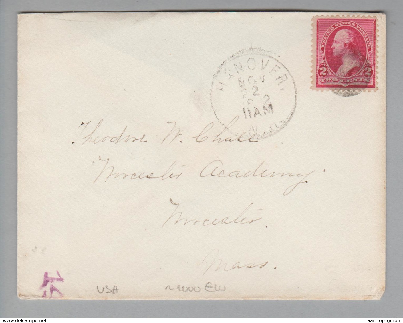 USA 1892-11-22 Hanover Brief 2 Cents Nach Worcester Mass. - Lettres & Documents