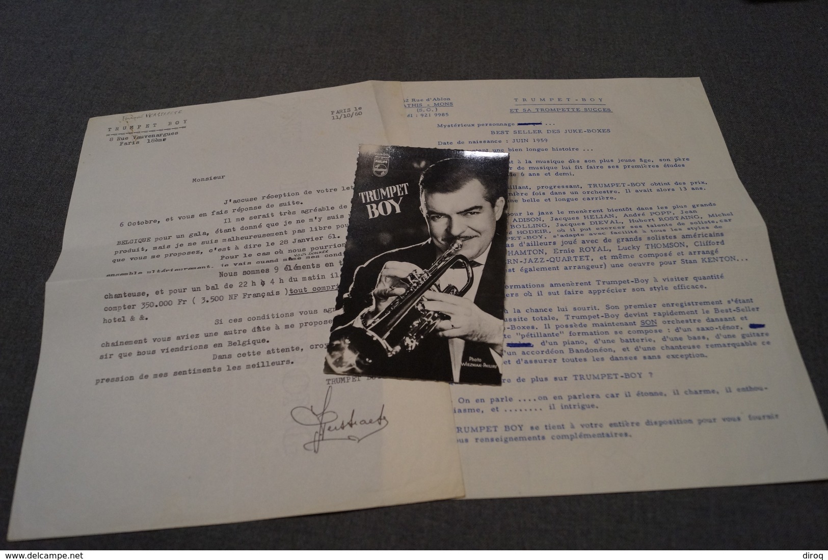 JAZZ,Trumpet Boy,courrier + Photos Et Contrat,Signature De Fernand Verstraete,1960,originale,Top RARE - Autres & Non Classés