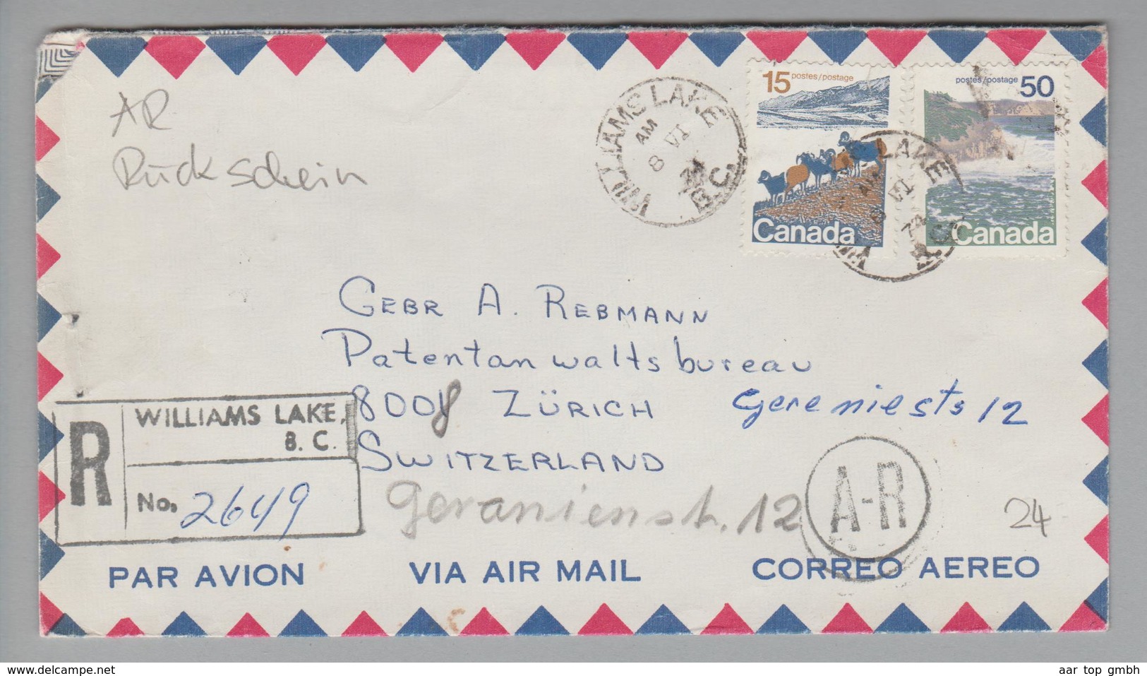 Kanada Canada 1974-06-08 Williamslake Airmailbrief Nach Zürich - Lettres & Documents