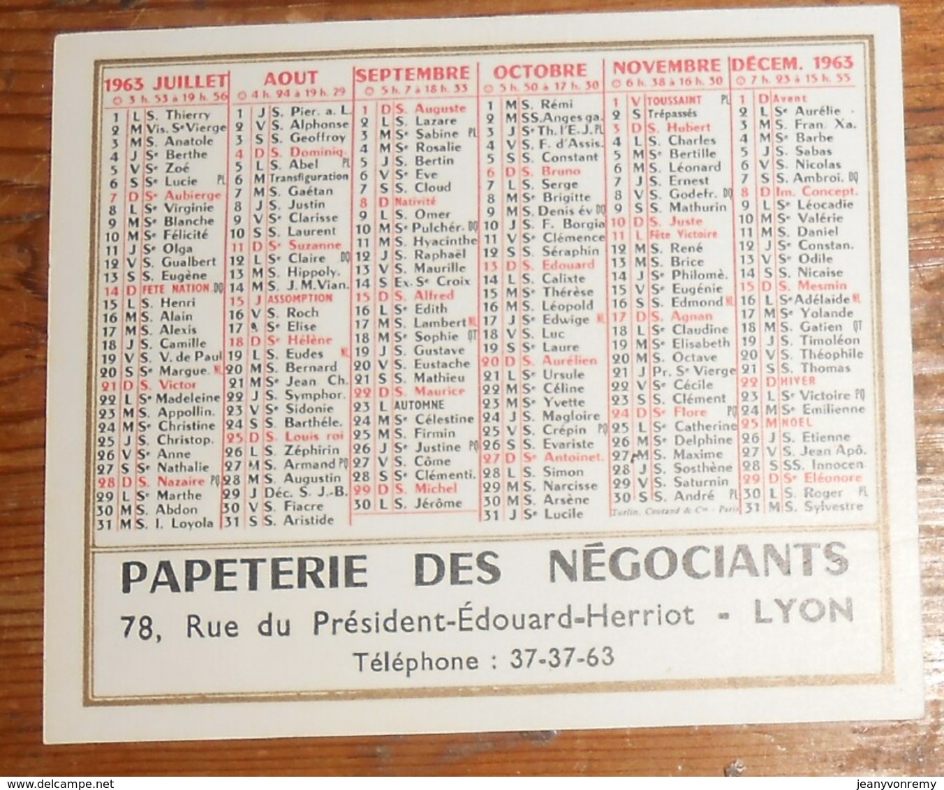 Calendrier 1963.Papeterie Des Négociants. Lyon. - Tamaño Pequeño : 1961-70