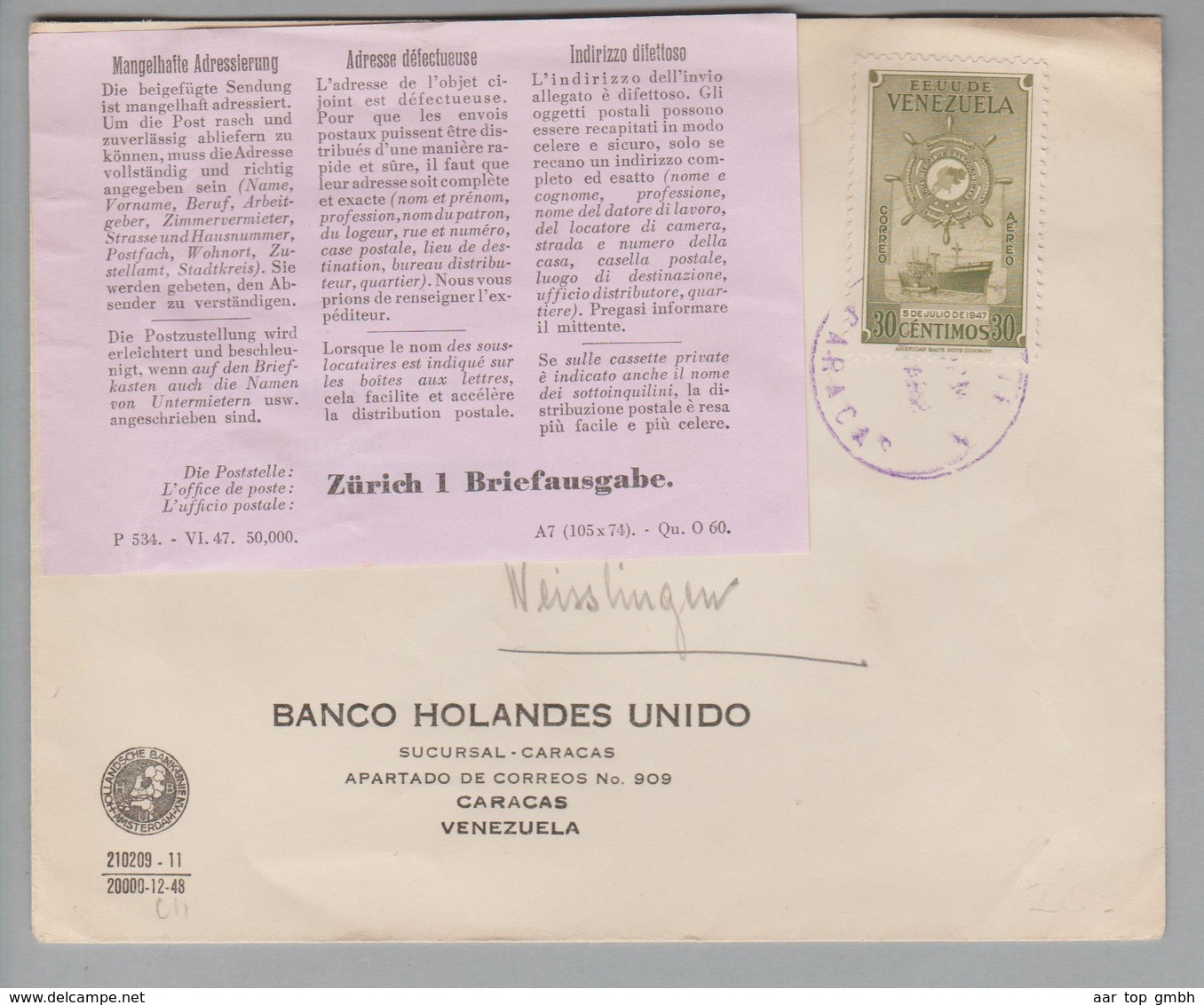 Venezuela Ca. 1960 Brief Nach Zürich Vermerk Etiquette - Venezuela