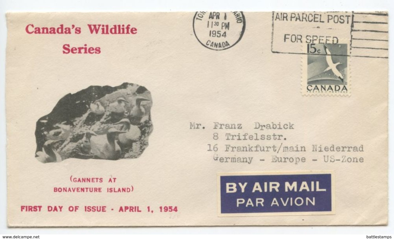 Canada 1954 Scott 343 Gannet FDC, Toronto To Frankfurt Germany - 1952-1960