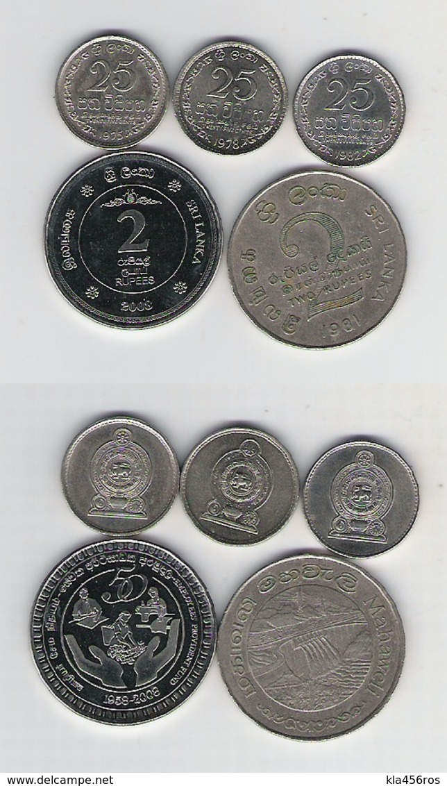 Sri Lanka  25 Cents 1975, 1978, 1982, 2 Rupees 1981 Mahaweli, 2 Rupees 2008 Vorsorgefonds - Sri Lanka