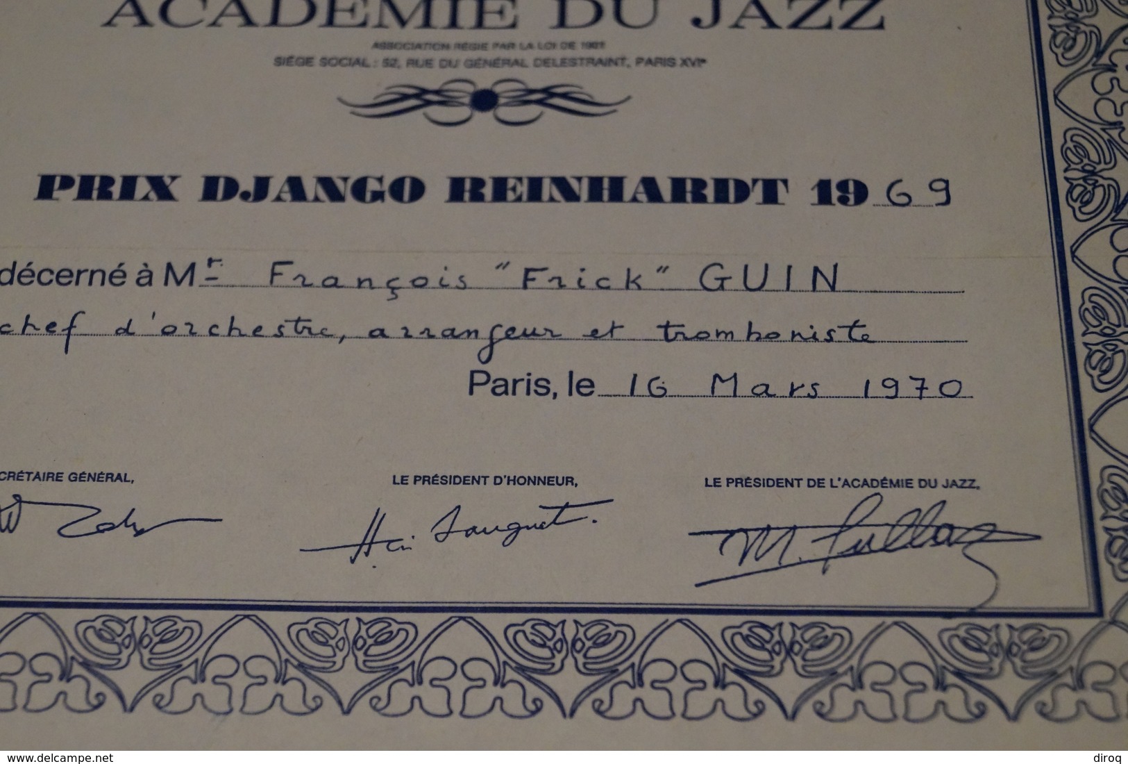 Jazz Accadémie De Jazz,prix Django Reinhardt 1969 ,François Guin ( Frick ) Originale - Photos