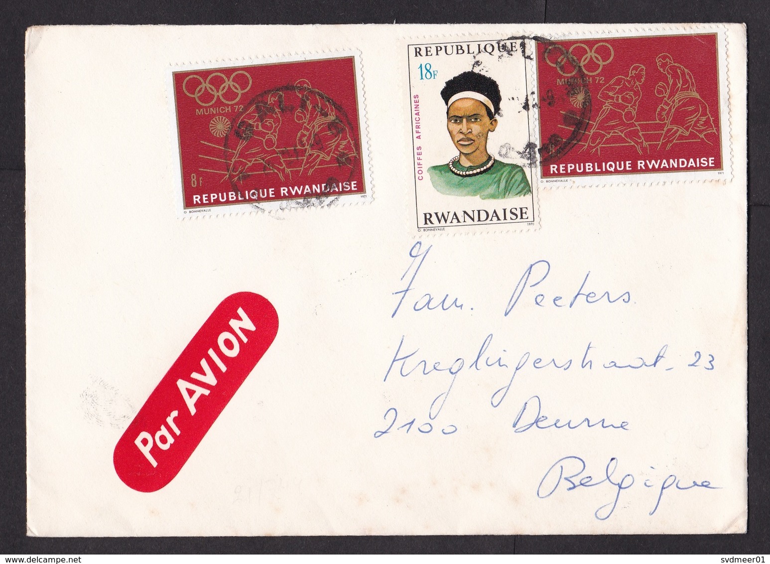 Rwanda: Airmail Cover To Belgium, 1970s, 3 Stamps, Olympics, Boxing, Sports, Hair Dress, Rare Air Label (minor Damage) - Andere & Zonder Classificatie