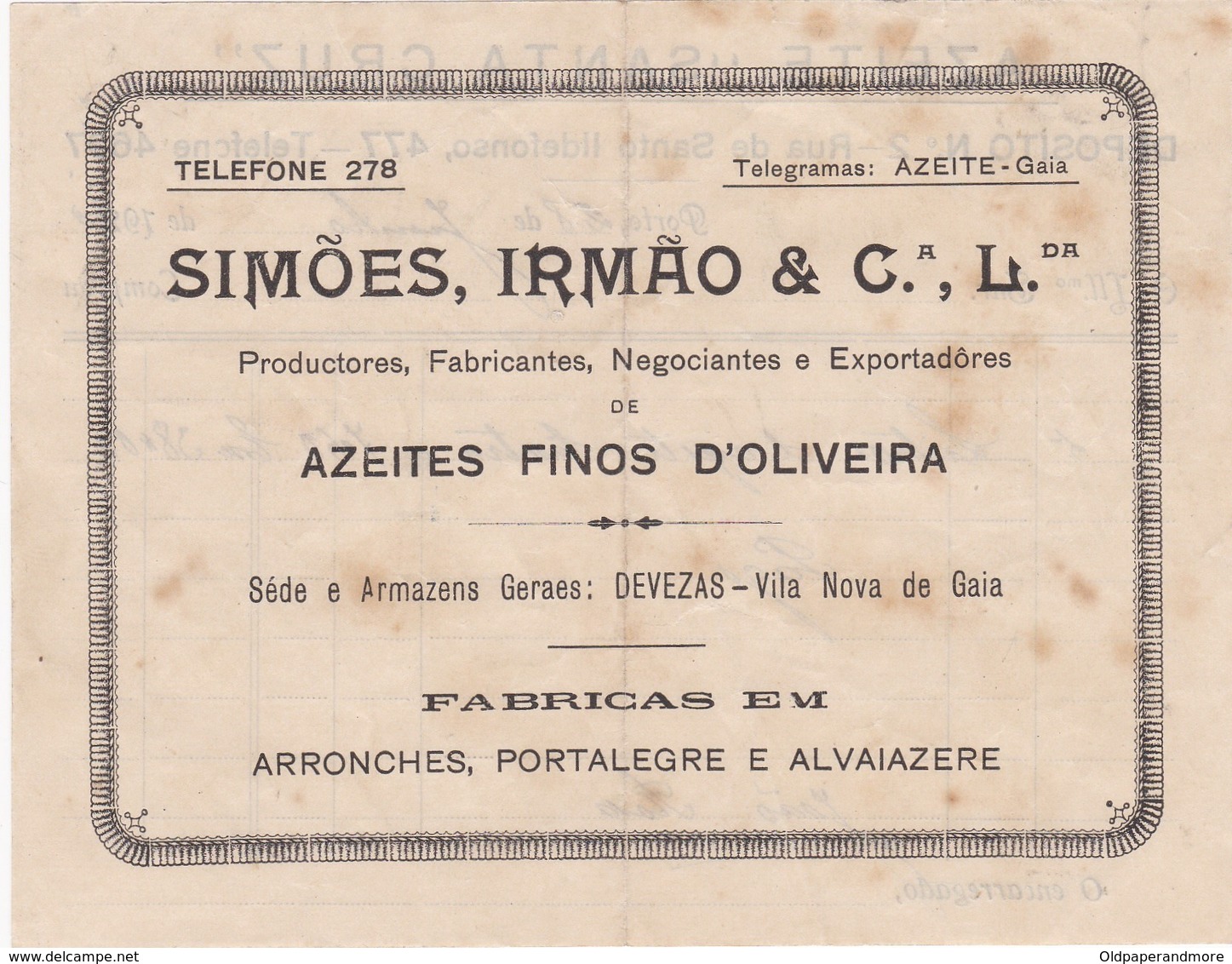 PORTUGAL COMMERCIAL DOCUMENT - PORTO - AZEITE FINO D'OLIVEIRA - AZEITE SANTA CRUZ - Portugal