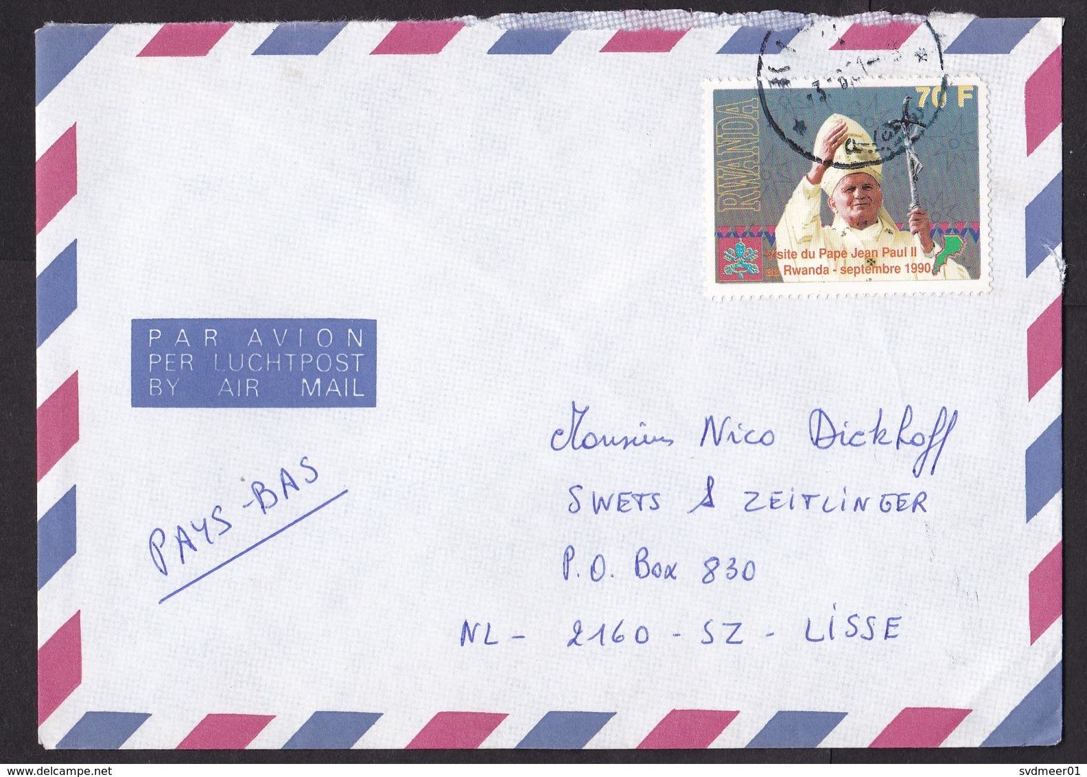 Rwanda: Airmail Cover To Netherlands, 1991, 1 Stamp, Pope John Paul II, Religion (damaged) - Andere & Zonder Classificatie