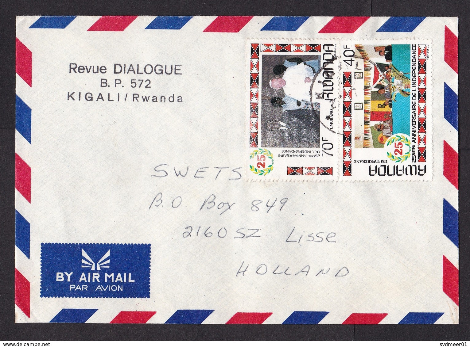 Rwanda: Airmail Cover To Netherlands, 2 Stamps, Pope John Paul II, Mobutu, Independence (left Stamp Damaged) - Andere & Zonder Classificatie