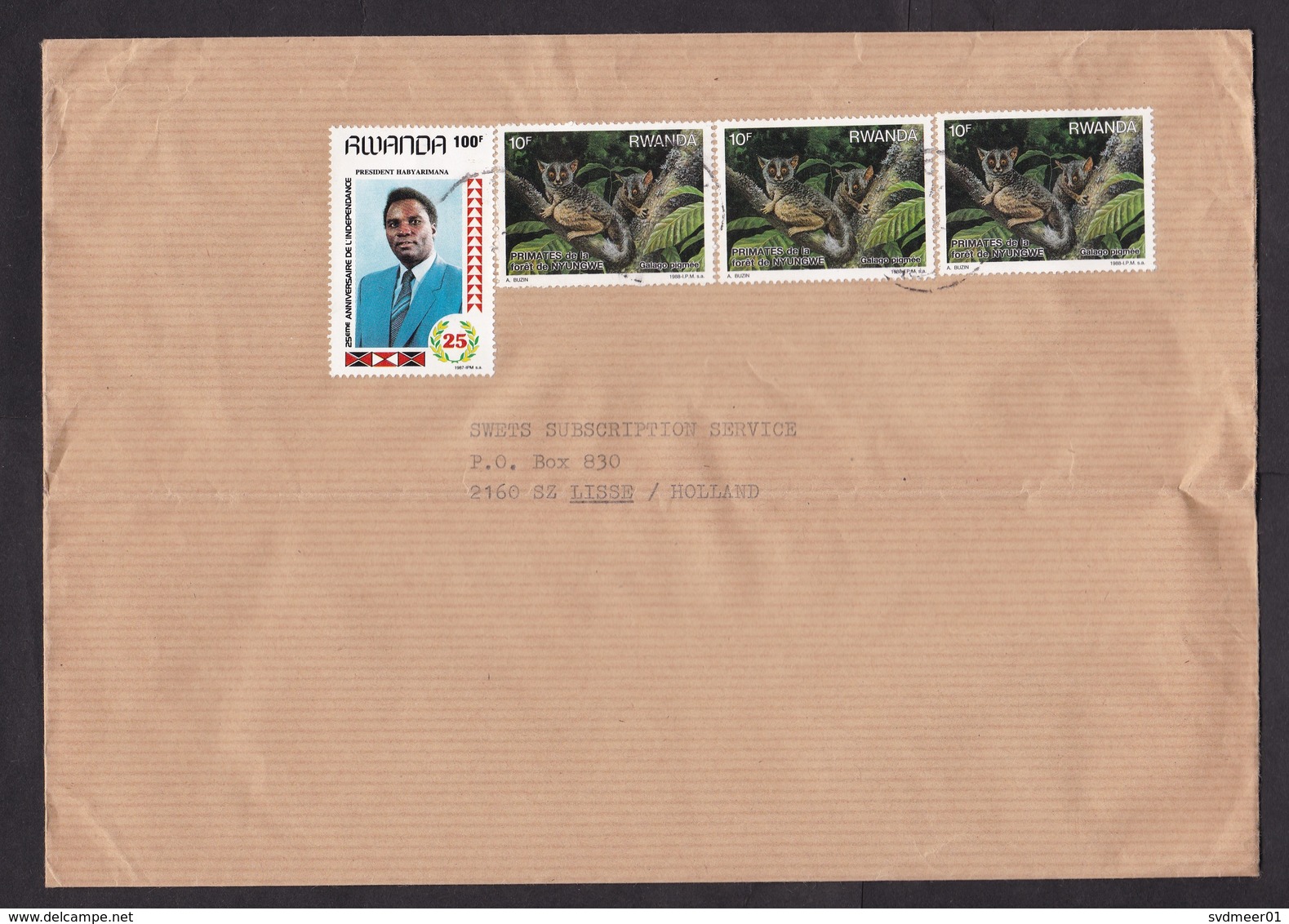 Rwanda: Cover To Netherlands, 4 Stamps, Dwarf Galago Animal, Bushbaby, President, Independence (fold) - Andere & Zonder Classificatie