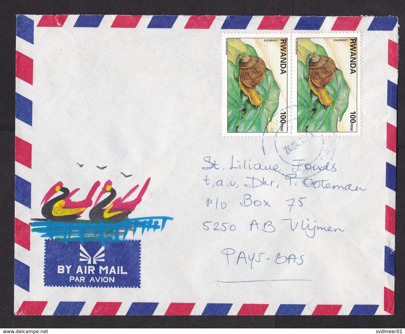 Rwanda: Airmail Cover To Netherlands, 2 Stamps, Snail, Animal (traces Of Use) - Andere & Zonder Classificatie