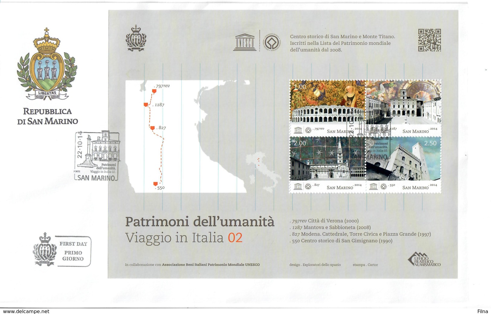 SAN MARINO 2014 - VIAGGIO IN ITALIA - 2^ SERIE - UNESCO - FOGLIETTO - FDC - FDC