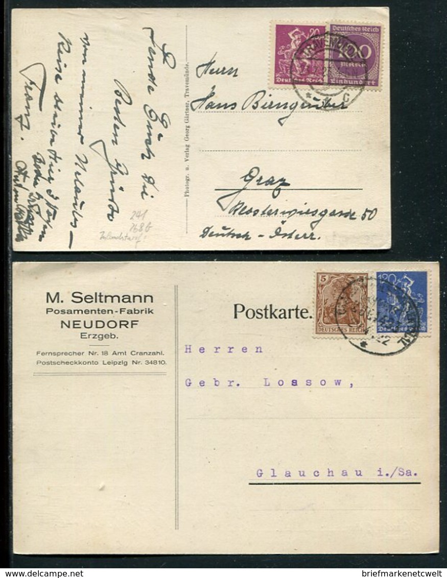 Deutsches Reich / 1922 Ff. / 2 Karten Je Mit Int. Infla-MiF, Bahnpost-Stempel Und Steg-Stempel Travemuende (4/298) - Lettres & Documents