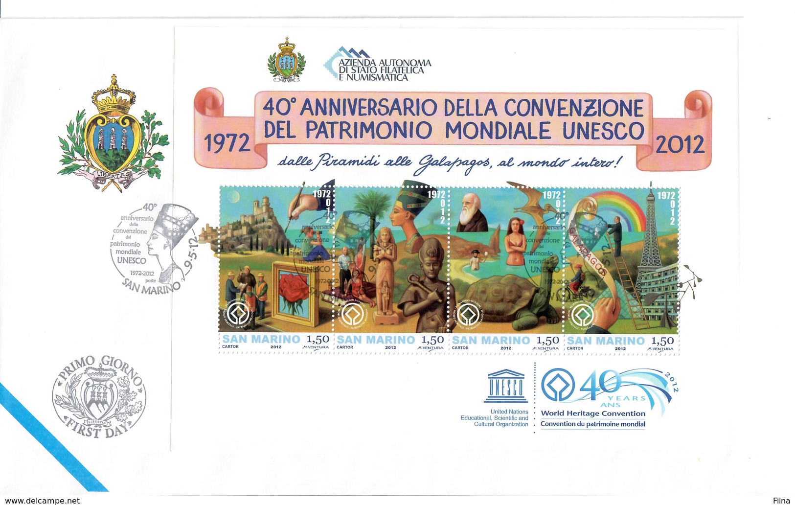 SAN MARINO 2012 - 40° CONVENZIONE PATRIMONIO MONDIALE UNESCO  - FOGLIETTO - FDC - FDC