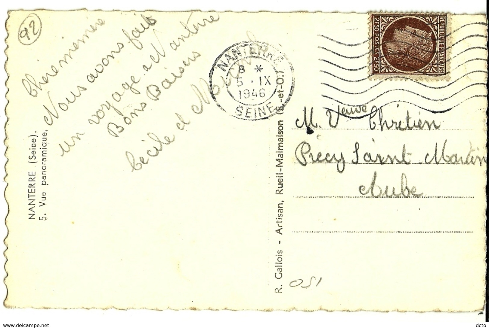 NANTERRE Vue Panoramique Ed. Gallois 5, Envoi 1946 - Nanterre