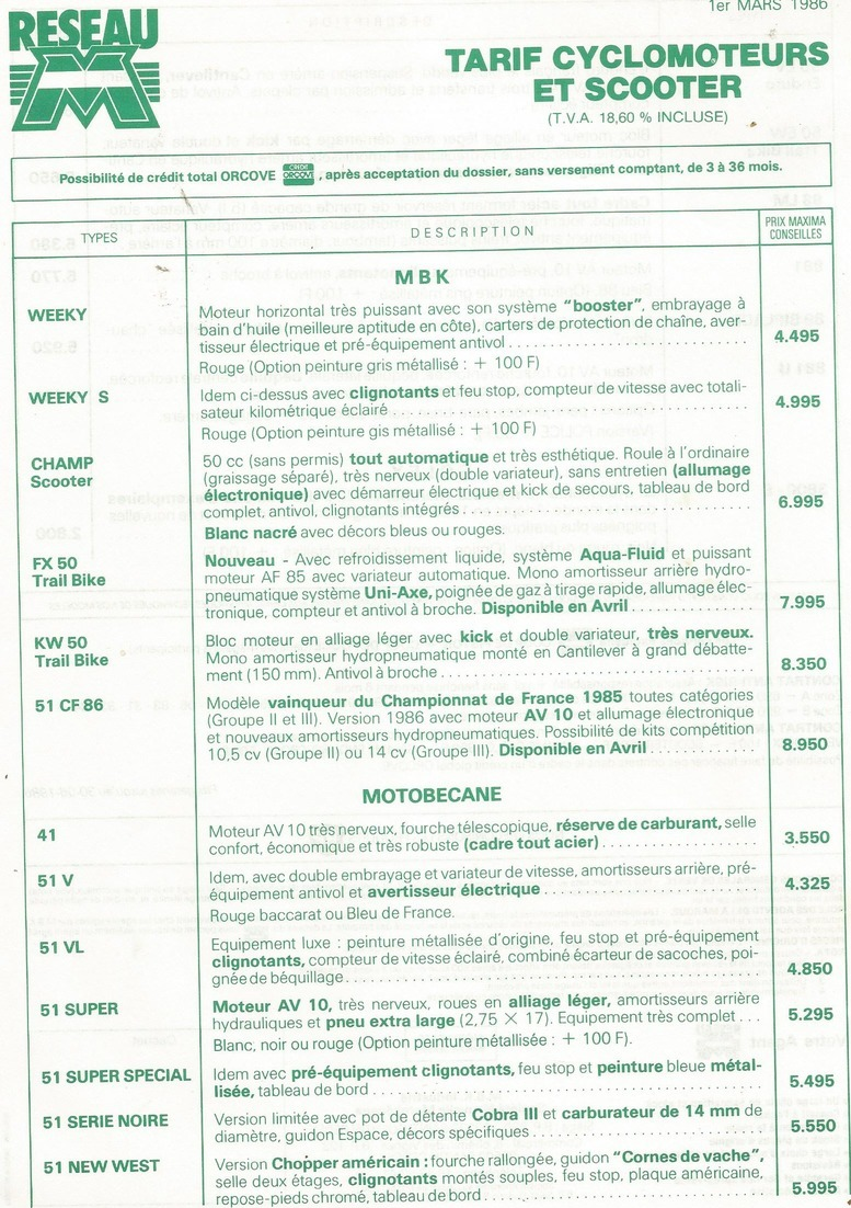 Tarif Reseau  Motobecane Mbk Cyclomoteur Et Scotters Velosolex  1 Mars  1986 - Autres & Non Classés