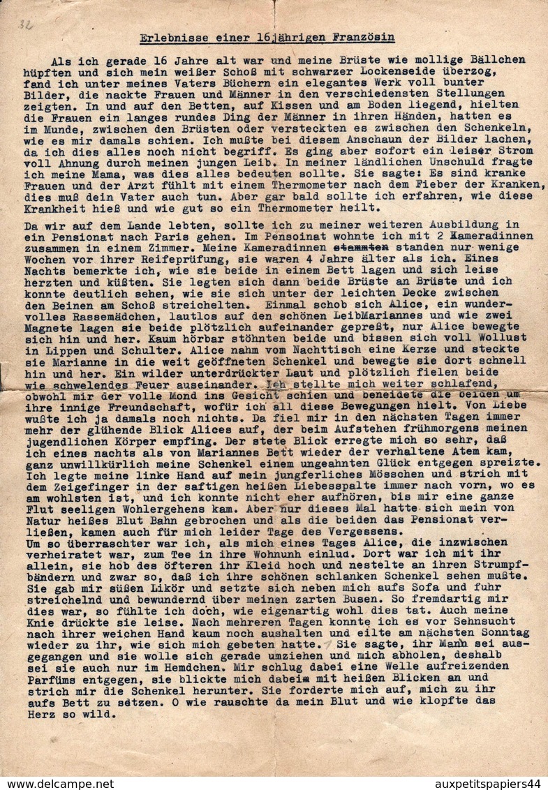 4 Pages Récit érotique Tapée En 1938 Par Un Soldat Allemand Racontant Ses ébats Amoureux Avec Une Française De 16 Ans - Collezioni